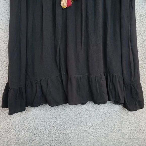 Nostalgia Black Rayon Embroidered Tassel Elastic Waist & Wrist Short Dress Sz L - Picture 4 of 11